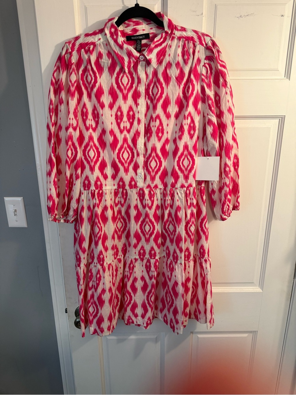 Ellen Tracy Pink and White Ikat Tiered Dress